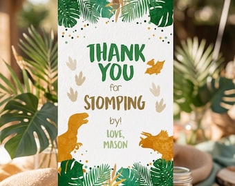 Editable Dinosaur Favor Tags Gift Tag Boy Green Gold Thank You for Stomping By Tag Birthday Dino Party T-Rex Digital Template Printable 0146