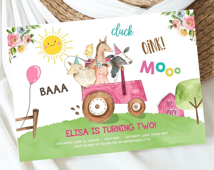 Editable Farm Birthday Invitation Girl Farm Animals Pink Floral ...