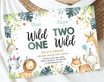 May include: A green and white invitation with jungle animals and the text "Oliver is a Wild One" and "Mason is Two Wild". The invitation is for a birthday party and includes the date, time, and location.