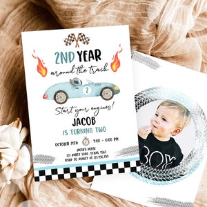 Editable 2nd Year Around the Track Birthday Invitation Boy Blue Two Fast Party Race Car Second Birthday Racing Corjl Template Printable 0424