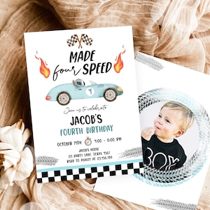 Editable Made Four Speed Race Car Fourth Birthday Invitation Boy Blue 4th Birthday Racing Party Made 4 Speed Corjl Template Printable 0424