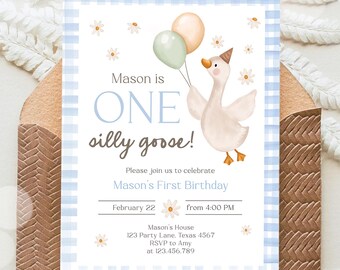 Invito di compleanno modificabile a tema "Silly Goose" per bambino, festa di compleanno primaverile, oca da fattoria, primo compleanno, blu, modello digitale scaricabile e stampabile 0540