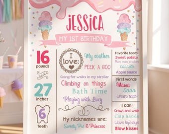 Op de afbeelding: Een wit ingelijst verjaardagsbord met roze glazuur en hagelslag aan de bovenkant, twee illustraties van ijshoorntjes en de naam Jessica. Het vermeldt 16 pond, 27 inch, 6 tanden, favoriete voedingsmiddelen, eerste woorden en bijnamen.