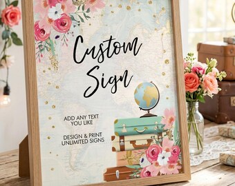 Schild für den Junggesellinnenabschied mit Reise- und Abenteuermotiv, rosa Blumenmuster, goldenes Konfetti, bearbeitbare Vorlage zum Ausdrucken 0030