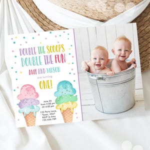 Bewerkbare Twin Ice Cream verjaardagsuitnodiging eerste verjaardag Double the Scoops Double Fun Twins Purple Joint digitale sjabloon afdrukbare 0243