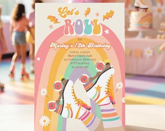 Könnte beinhalten: Eine rechteckige Geburtstagseinladungskarte mit dem Text Let's ROLL for Marley's 12th Birthday, June 22, 4:00 pm, Marley's Skate Park, 123 Party Lane, Texas 4567, RSVP to Ashley at 123.456.789, Rollschuhen und einem Regenbogen.