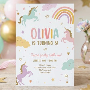 May include: A rectangular birthday invitation card featuring a white background with pastel-colored illustrations of three unicorns, a rainbow, clouds, and stars. The text reads: OLIVIA IS TURNING 8! Come party with us! JUNE 22, 4:00 - 6:00 PM, Allison's House, 123 Party Lane, Texas 4567, RSVP to Amy at 123.456.789.