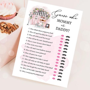 Puede incluir: Una tarjeta de juego imprimible rosa y negra con el texto "Adivina quién Mamá o Papá?" y una lista de 15 preguntas sobre el embarazo y la crianza de los hijos. Las preguntas van seguidas de una línea de labios rosas y bigotes negros para que los jugadores marquen sus conjeturas.
