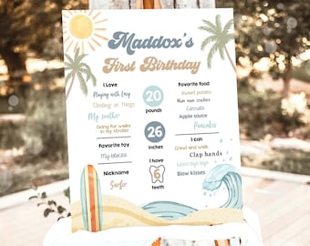 Editable Surf Birthday Milestones Sign Boy Big One Summer Party Surfing Board Groovy Retro Beach 1st Party Template Printable Corjl 0433
