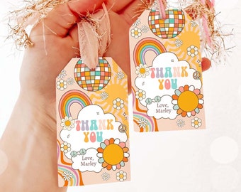 Editable Groovy Retro Favor Tag Roller Skate Birthday Thank You Tags Girl Retro 70's Party Flower Power Hippie Printable Corjl Template 0459