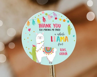 Editable Llama Thank You Favor Tags Baby Shower Llama Stickers Fiesta Cactus Alpaca Mexican Llama Birthday Girl Blue Corjl Template 0079