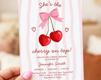 Editable Cherry on Top Bridal Shower Invitation Couples Sweet Bridal Shower Mon Cherri Digital Download Canva Template Printable 0572