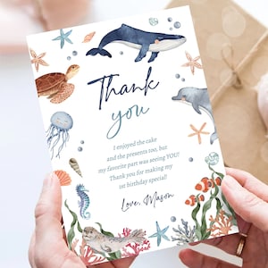 Modifiable sous la mer carte de remerciement mer océan animaux vie anniversaire remerciement note baleine tortue dauphin modèle numérique imprimable 0504