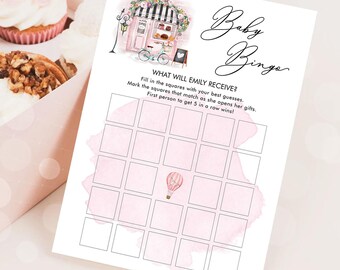 Editable Baby Bingo Game Paris Baby Shower Game Bonjour Bebe French Patisserie Parisian Eiffel Tower Pink Download Template Printable 0441