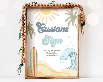 Editable Custom Sign Surf Birthday Party Sign Boy The Big One Surfing Birthday Sign Beach Party Retro Wave Template Corjl PRINTABLE 0433