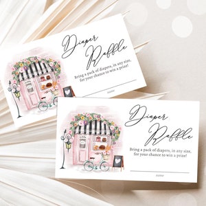 Bilhete de rifa de fraldas editável de Paris, cartão de registro de chá de bebê da Torre Eiffel da confeitaria francesa, jogo de fraldas, modelo digital para impressão 0441