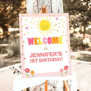 Editable Welcome Sign Sunshine Birthday Little Sunshine Party Baby Shower Welcome Pink and Gold Girl Summer Template PRINTABLE Corjl 0070