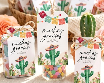 May include: Rectangular paper gift tags featuring a watercolor illustration of a green cactus wearing a colorful sombrero, topped with festive bunting flags. The text reads "muchas gracias" and "LOVE, MADELINE" in black script and serif fonts.