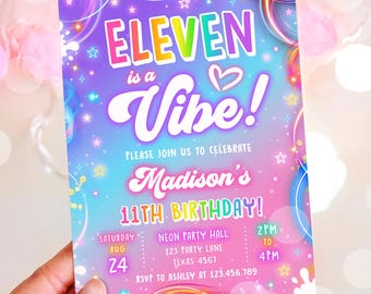 Invitación de cumpleaños editable Eleven is a Vibe para niña, diseño retro, genial, neón, para fiesta de niñas, plantilla digital de Evite imprimible 0568