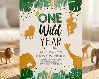 Invitation d'anniversaire « Un enfant sauvage », animaux du safari, thème jungle, noir et or, premier anniversaire (modifiable, imprimable) 0016