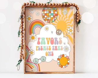 Gunsten ondertekenen Retro groovy verjaardagsfeestje bloemen 70's verjaardag partij decor Boho Flower Power Girl cadeau tabel Instant Download afdrukbare 0459
