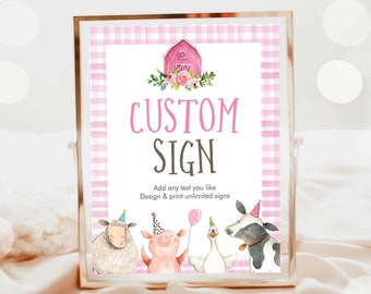 Editable Custom Sign Farm Animals Sign Pink Barnyard Birthday Decorations Girl Cow Pig Table Sign Pink Gingham 8x10 Template PRINTABLE 0155