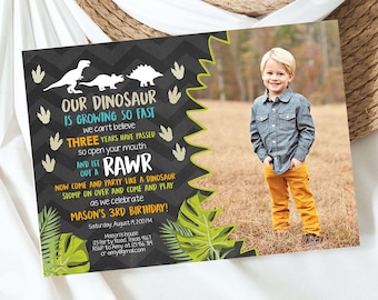 Editable Dinosaur Birthday Invitation Dino Dig Party Prehistoric Boy Chalk T-Rex Photo Digital Download Printable Template Corjl 0043