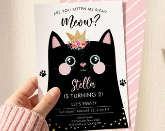 Bewerkbare uitnodiging voor een verjaardag met een kitten: Kitty Cat verjaardagsfeestje, kattenuitnodiging, Are You Kitten Me, Black Girl, downloadbare digitale printbare uitnodiging Corjl 0381