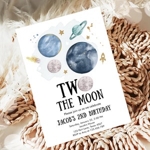 Editable Two the Moon 2nd Second Birthday Invitation Space Planets Rocket Astronaut Galaxy Digital Download Evite Template Printable 0357