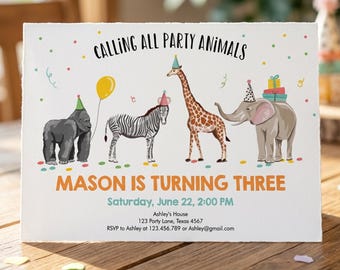 May include: A white rectangular birthday invitation card featuring illustrations of a gorilla, zebra, giraffe, and elephant wearing party hats. The text reads: CALLING ALL PARTY ANIMALS, MASON IS TURNING THREE, Saturday, June 22, 2:00 PM, Ashley's House, 123 Party Lane, Texas 4567, RSVP to Ashley at 123.456.789 or Ashley@gmail.com.