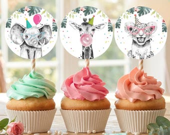 Party Tiere Cupcake Toppers Favor Tag Geburtstag Party Dekoration Safari Tiere Aufkleber Wild One Digital Download Printable 0322