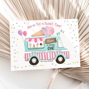 Editable Ice Cream Truck Birthday Invitation Ice Cream Birthday Party Cone Pink Mint Purple Any Age Scoop Printable Template Corjl 0243