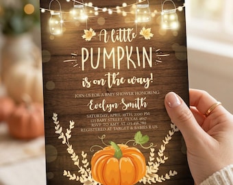 Einladung zur Babyparty mit kleinem Kürbis, rustikales Herbstmotiv für Jungen und Mädchen (bearbeitbar, druckbar) 0015