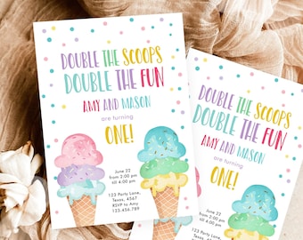 May include: A colorful invitation for a first birthday party with a double scoop ice cream cone theme. The invitation says "Double the Scoops, Double the Fun" and features the names Amy and Mason. The invitation includes the date, time, and RSVP information.