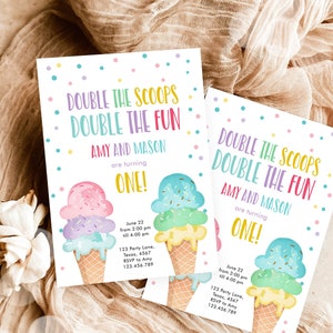 Bewerkbare tweeling ijs verjaardagsuitnodiging eerste verjaardag Double the scoops Double Fun Twins paars roze blauw afdrukbare sjabloon Corjl 0243