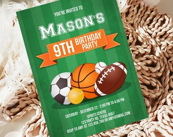 Editable Sports Birthday Invitation Boy Birthday Party Sport Football Baseball Basketball Soccer Tennis Digital Template Printable 0137
