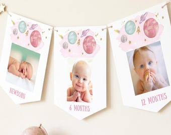 Outer Space Birthday Banner, Girl First Trip Around the Sun, Monthly Photo Display, Editable Printable 0357