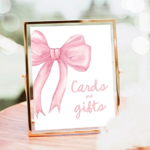 Cartes et cadeaux signe noeud rose cadeau baby shower tableau ruban aquarelle minimaliste premier anniversaire coquette téléchargement immédiat imprimable 0527
