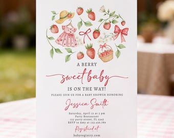 Editable Strawberry Baby Shower Invitation Cute Berry Sweet Baby Girl Strawberries Summer Digital Download Template Printable 0567