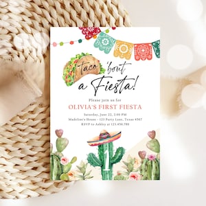 Editable Taco Bout a Fiesta Birthday Invitation Fiesta ANY AGE Cactus Mexican Party Cinco de Mayo Download Printable Corjl Template 0404