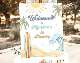 Editable Surf Birthday Welcome Sign Boy The Big One Birthday 1st First Welcome Sign Beach Party Retro Big Wave Template Corjl PRINTABLE 0433