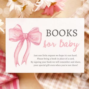 Editable Pink Bow Bring a Book Card Bloom Coquette Books for Baby Book Request Insert Card Digital Download Template Printable 0527