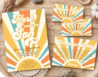 Here Comes the Son Baby Shower Invitation Bundle, Retro Groovy Boy, Editable 0457