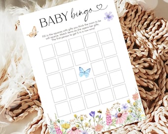 Editable Baby Bingo Game Card Wildflowers Baby Shower Game Baby in Bloom Butterflies Digital Template Printable 0543