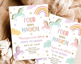 Editable Unicorn 4th Birthday Invitation Four Ever Magical Party Invite Girl Pastel Fourth Birthday Template Rainbow Download Corjl 0426