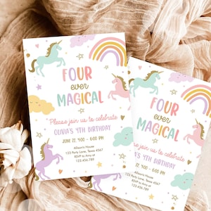 Editable Unicorn 4th Birthday Invitation Four Ever Magical Party Invite Girl Pastel Fourth Birthday Template Rainbow Download Corjl 0426