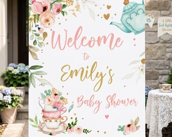 Edytowalny znak powitalny na baby shower z herbatą, Baby is Brewing, kwiatowy, różowo-złoty, fantazyjny, dziewczęcy prysznic, przyjęcie ogrodowe, cyfrowy szablon do druku 0349