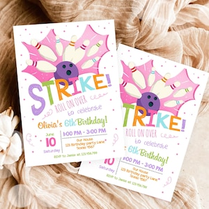 Editable Bowling Birthday Party Invitation Girl Pink Purple Bowling Party Strike Kids Download Printable Invitation Template Evite 0081