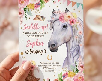 Invitación de cumpleaños de caballo editable: Chica ensillada, acuarela, vaquera, fiesta, caballo, rosa, floral, descarga digital, plantilla de Evite imprimible 0408