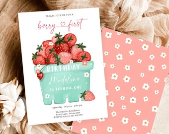 Editable Strawberry Birthday Invitation First Birthday Berry Sweet Girl Cute Strawberries 1st Download Printable Template Corjl Digital 0506